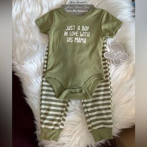 NWT Baby Essentials Olive Green & White Baby Four-Piece Set Sz 9 months